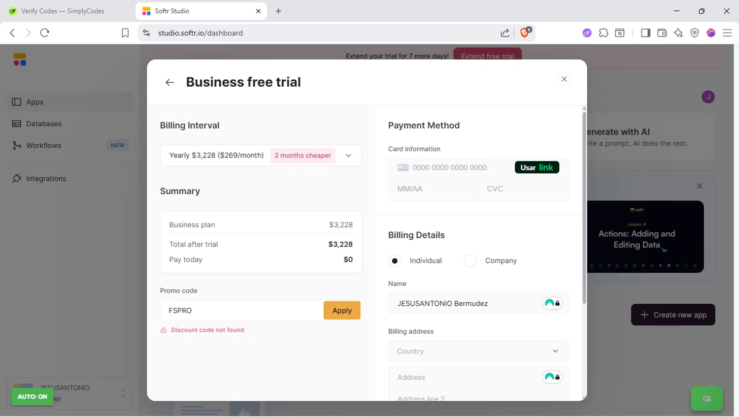 Softr promo code screenshot showing code FSPRO applied at Softr checkout page. Uploaded by SimplyCodes community member SapeGato on Nov 16, 2025