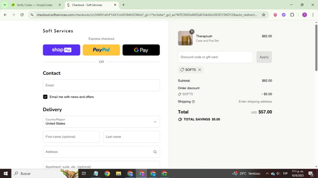 Soft Services checkout page showing Soft Services discount code box | Screenshot taken by SimplyCodes community member on Aug 10, 2025