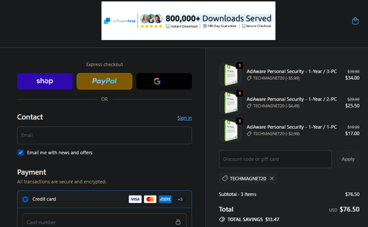 SoftwareKeep promo code screenshot showing code TechMagnet20 applied at SoftwareKeep checkout page. Uploaded by SimplyCodes community member idkxxx on Oct 11, 2025