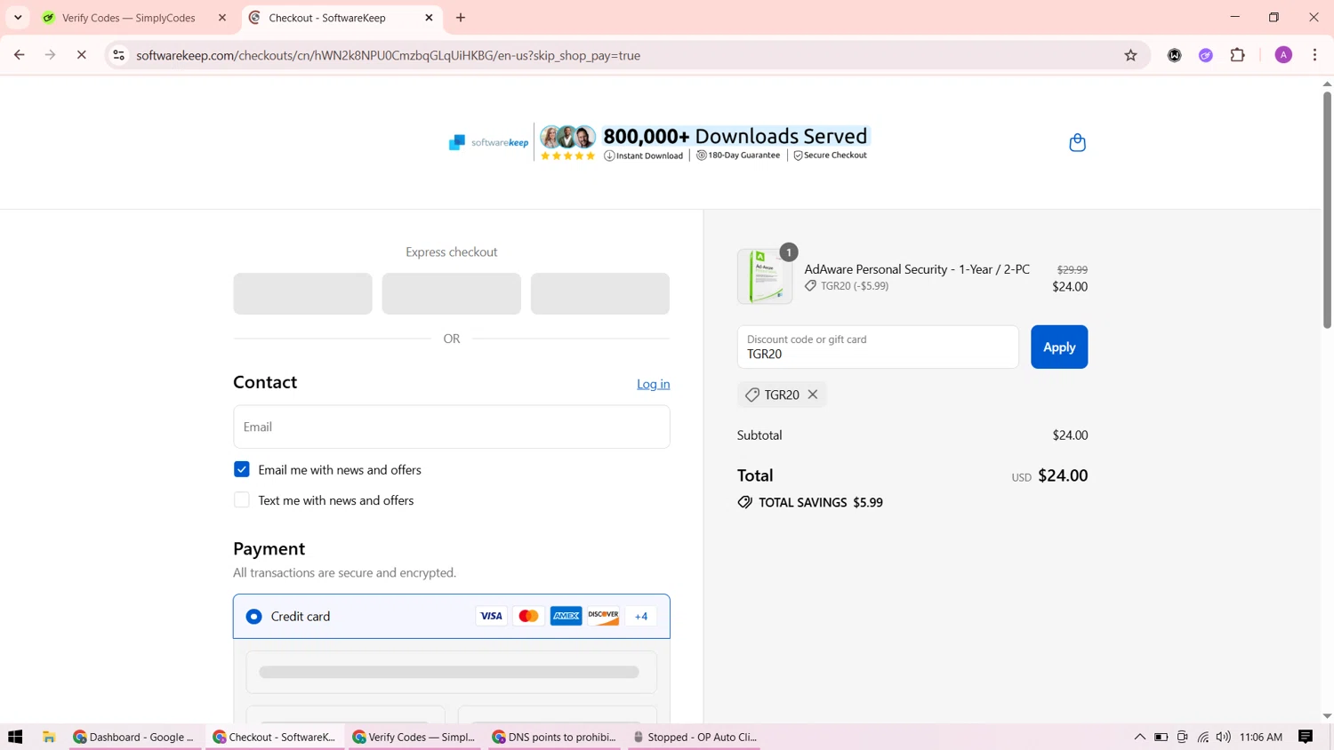 SoftwareKeep promo code screenshot showing code TGR20 applied at SoftwareKeep checkout page. Uploaded by SimplyCodes community member ShrewdMaverick9198 on Sep 8, 2025