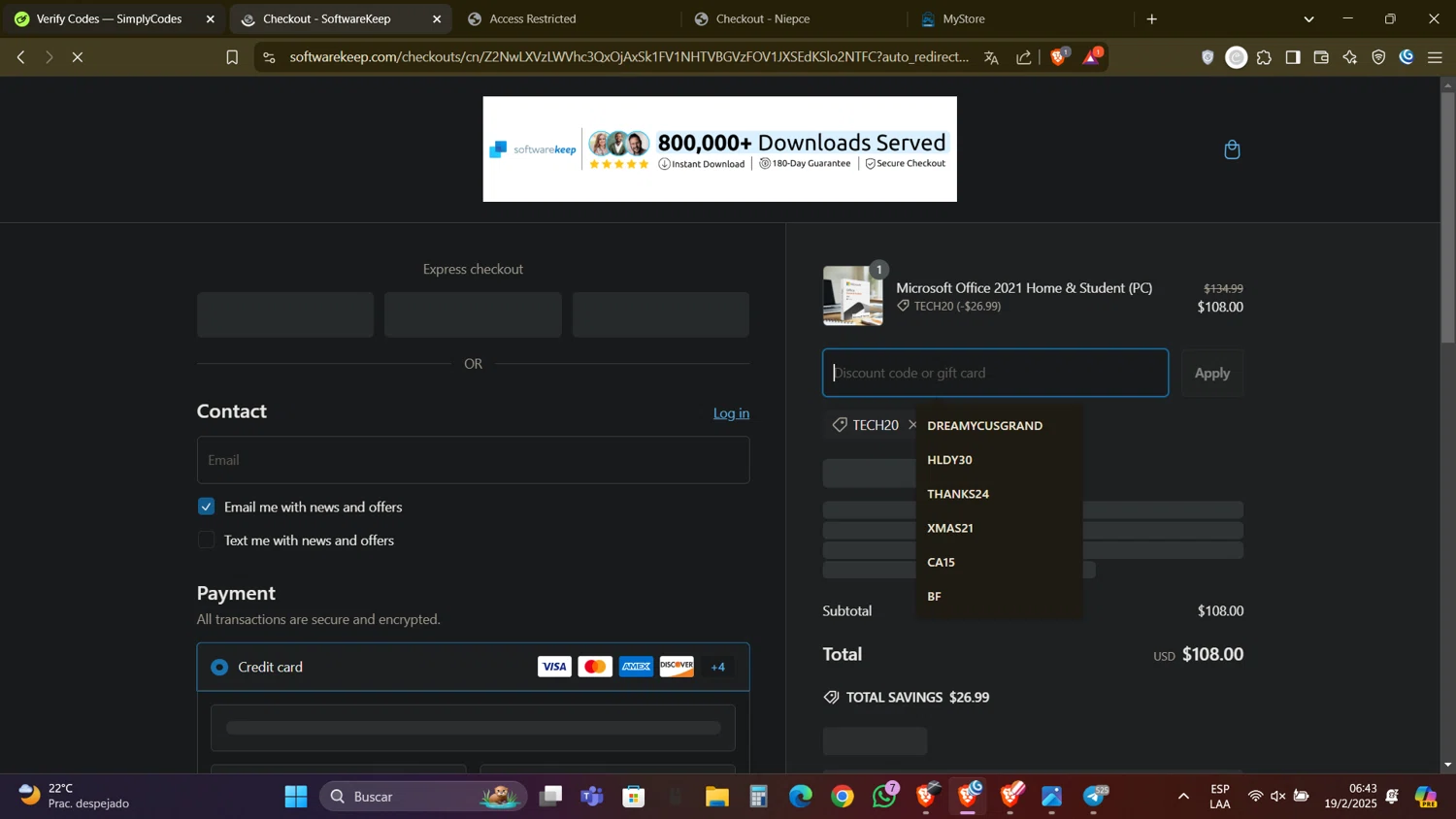 SoftwareKeep promo code screenshot showing code TECH20 applied at SoftwareKeep checkout page. Uploaded by SimplyCodes community member DealAdmiral5466 on Feb 19, 2025