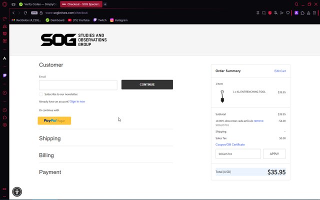 SOG Knives checkout page showing SOG Knives coupon code box | Screenshot taken by SimplyCodes community member on Jul 28, 2025