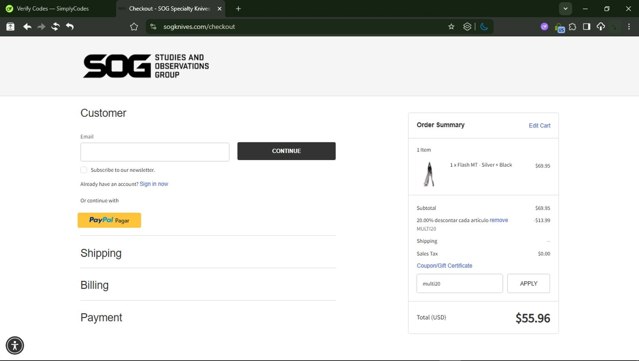SOG Knives checkout page showing SOG Knives coupon code box | Screenshot taken by SimplyCodes community member on Aug 1, 2025