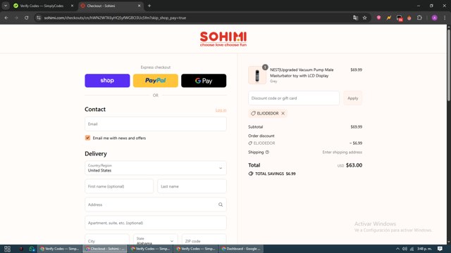 Sohimi checkout page showing Sohimi promo code box | Screenshot taken by SimplyCodes community member on Sep 2, 2025