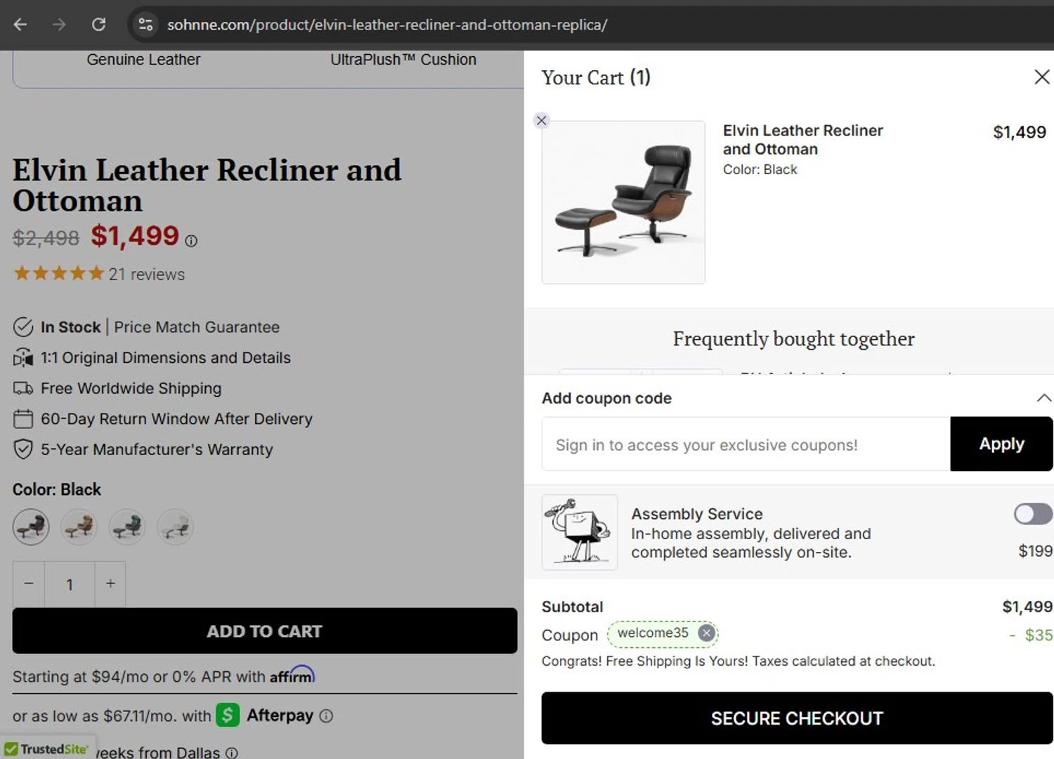 Sohnne coupon code screenshot showing code WELCOME35 applied at Sohnne checkout page. Uploaded by SimplyCodes community member ElToro on Jul 24, 2025