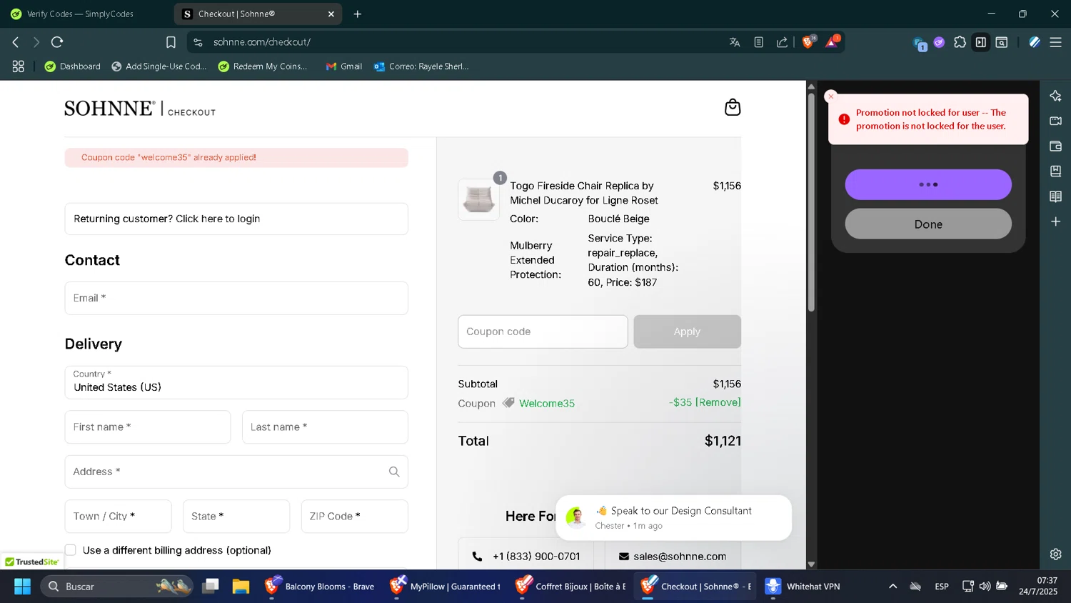 Sohnne coupon code screenshot showing code WELCOME35 applied at Sohnne checkout page. Uploaded by SimplyCodes community member ScanWizard8791 on Jul 24, 2025