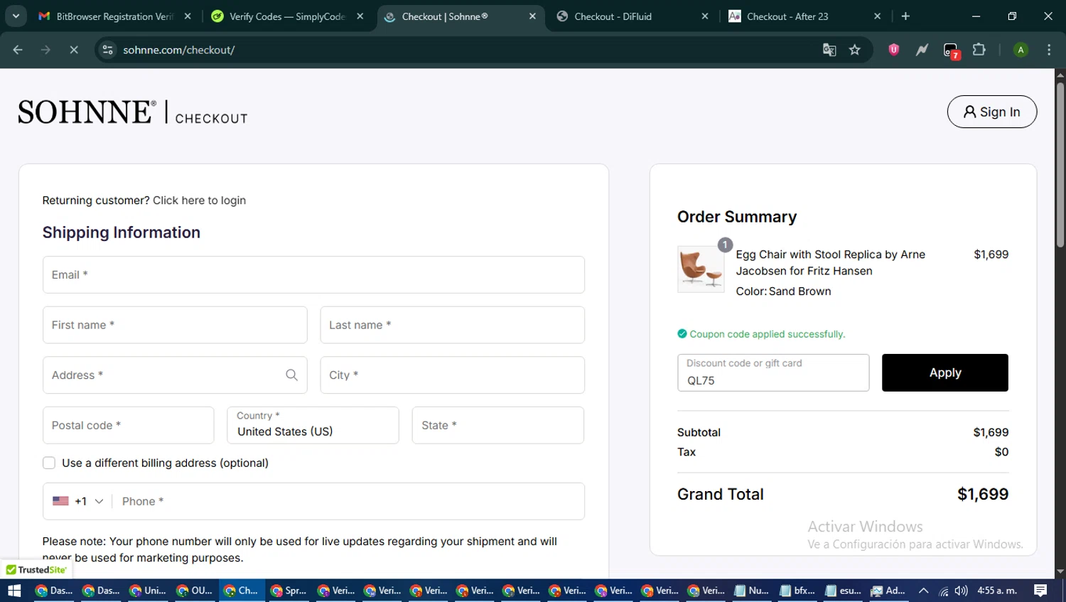 Sohnne coupon code screenshot showing code QL75 applied at Sohnne checkout page. Uploaded by SimplyCodes community member CashLynx5338 on Jun 20, 2025