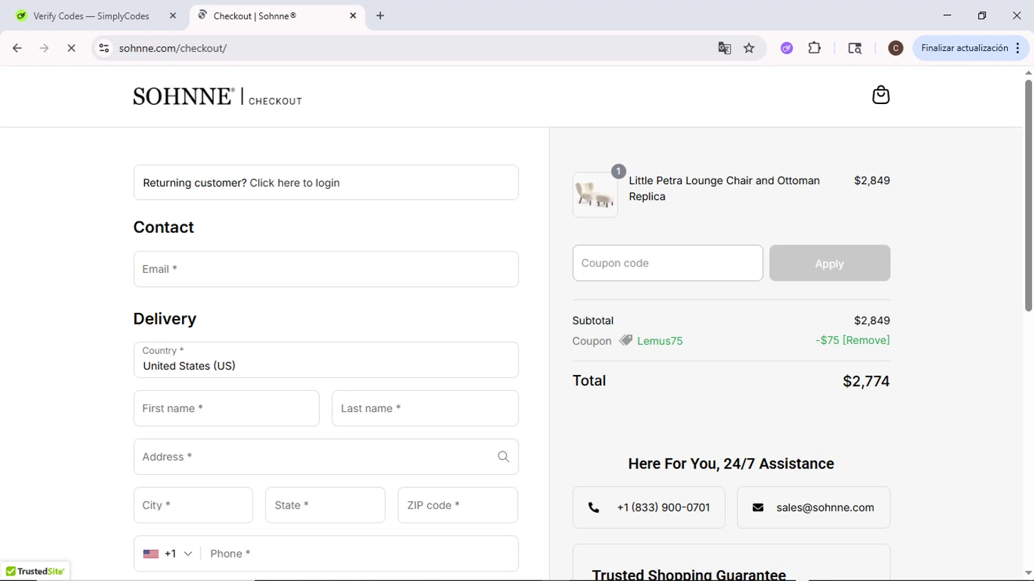 Sohnne coupon code screenshot showing code LEMUS75 applied at Sohnne checkout page. Uploaded by SimplyCodes community member MoneyPilot9634 on Aug 5, 2025