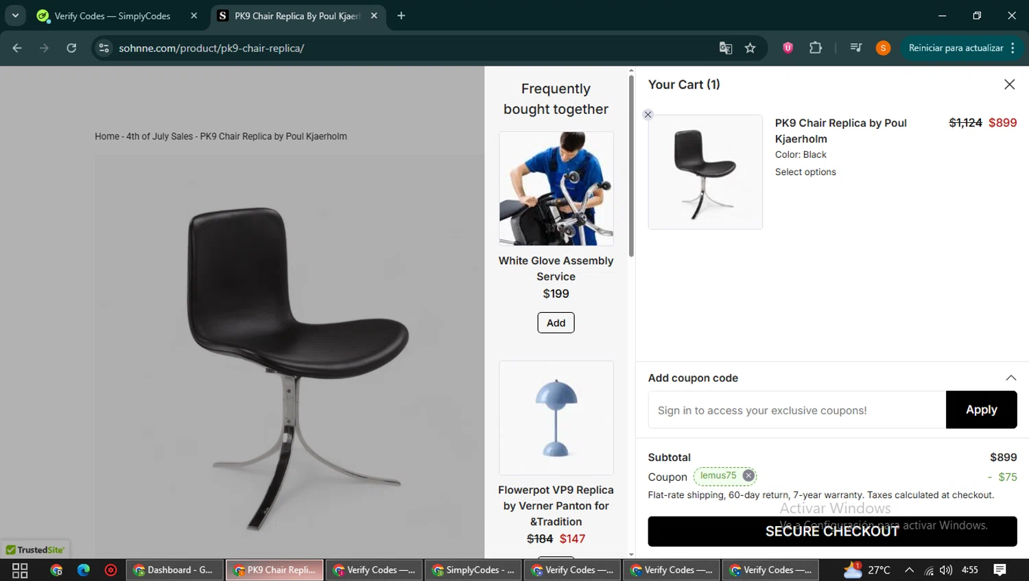 Sohnne coupon code screenshot showing code LEMUS75 applied at Sohnne checkout page. Uploaded by SimplyCodes community member QuestCaptain8930 on Jun 20, 2025