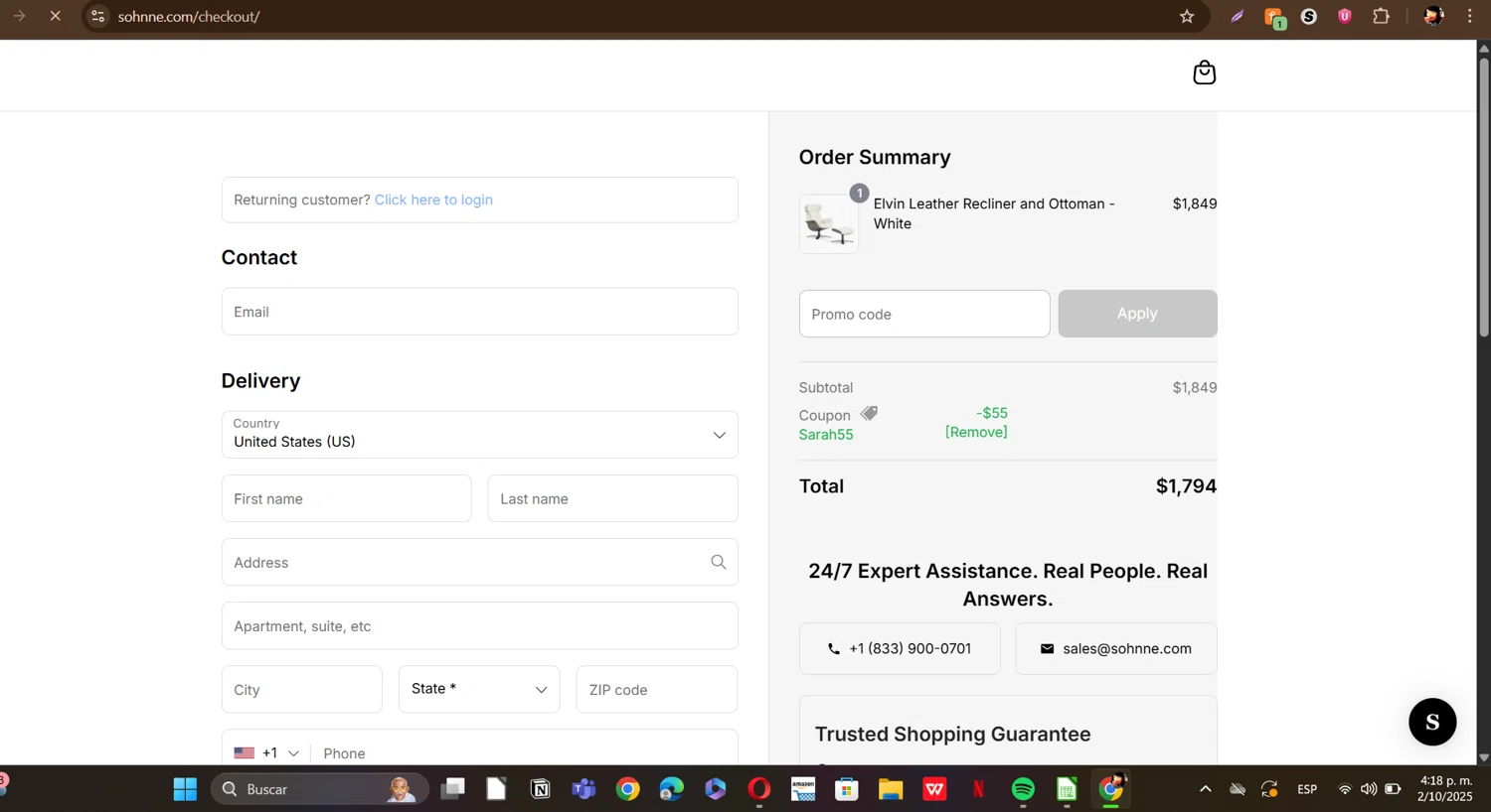 Sohnne coupon code screenshot showing code SARAH55 applied at Sohnne checkout page. Uploaded by SimplyCodes community member ERI0810 on Oct 2, 2025