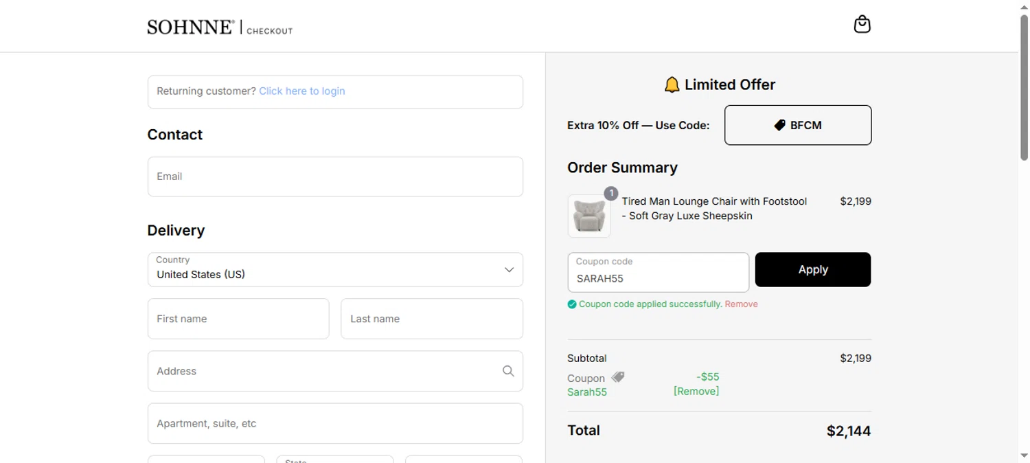 Sohnne coupon code screenshot showing code SARAH55 applied at Sohnne checkout page. Uploaded by SimplyCodes community member TomaTuYukota on Oct 31, 2025
