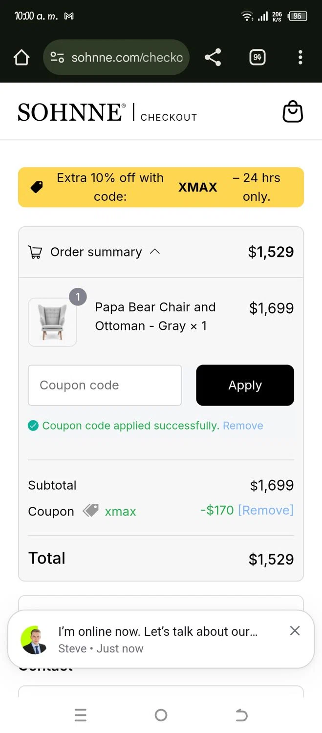 Sohnne checkout page showing Sohnne coupon code box | Screenshot taken by SimplyCodes community member on Jan 1, 2026