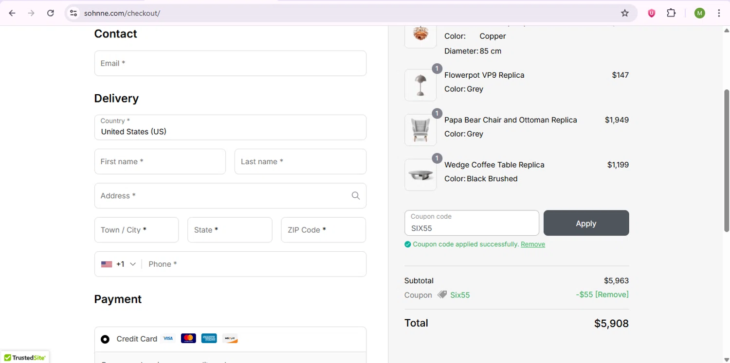 Sohnne coupon code screenshot showing code SIX55 applied at Sohnne checkout page. Uploaded by SimplyCodes community member SaleSentinel7319 on Aug 6, 2025