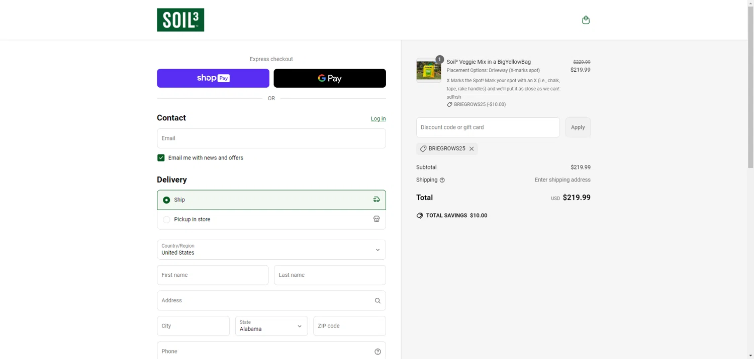 Soil3 discount code screenshot showing code briegrows25 applied at Soil3 checkout page. Uploaded by SimplyCodes community member SwiftSage3846 on May 20, 2025