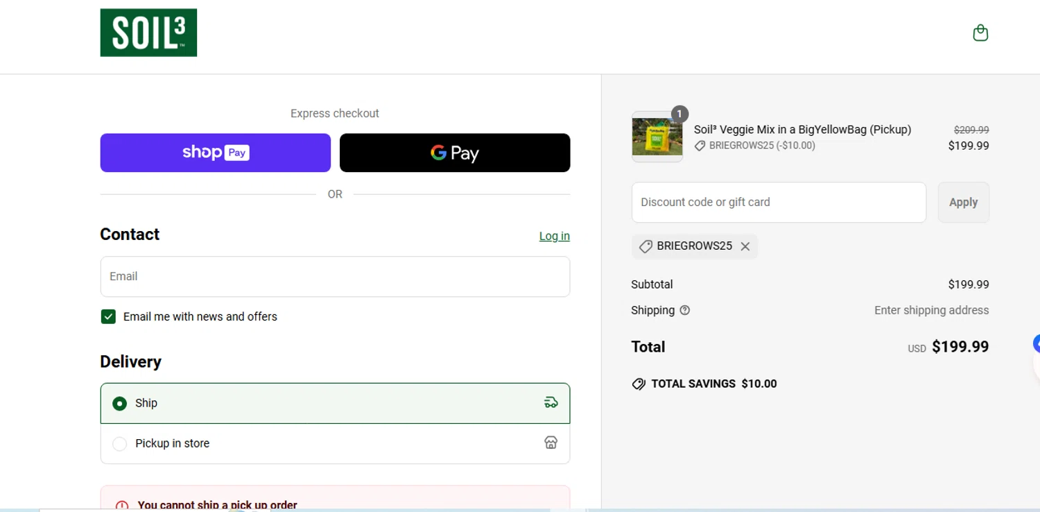 Soil3 discount code screenshot showing code briegrows25 applied at Soil3 checkout page. Uploaded by SimplyCodes community member shark12 on May 19, 2025