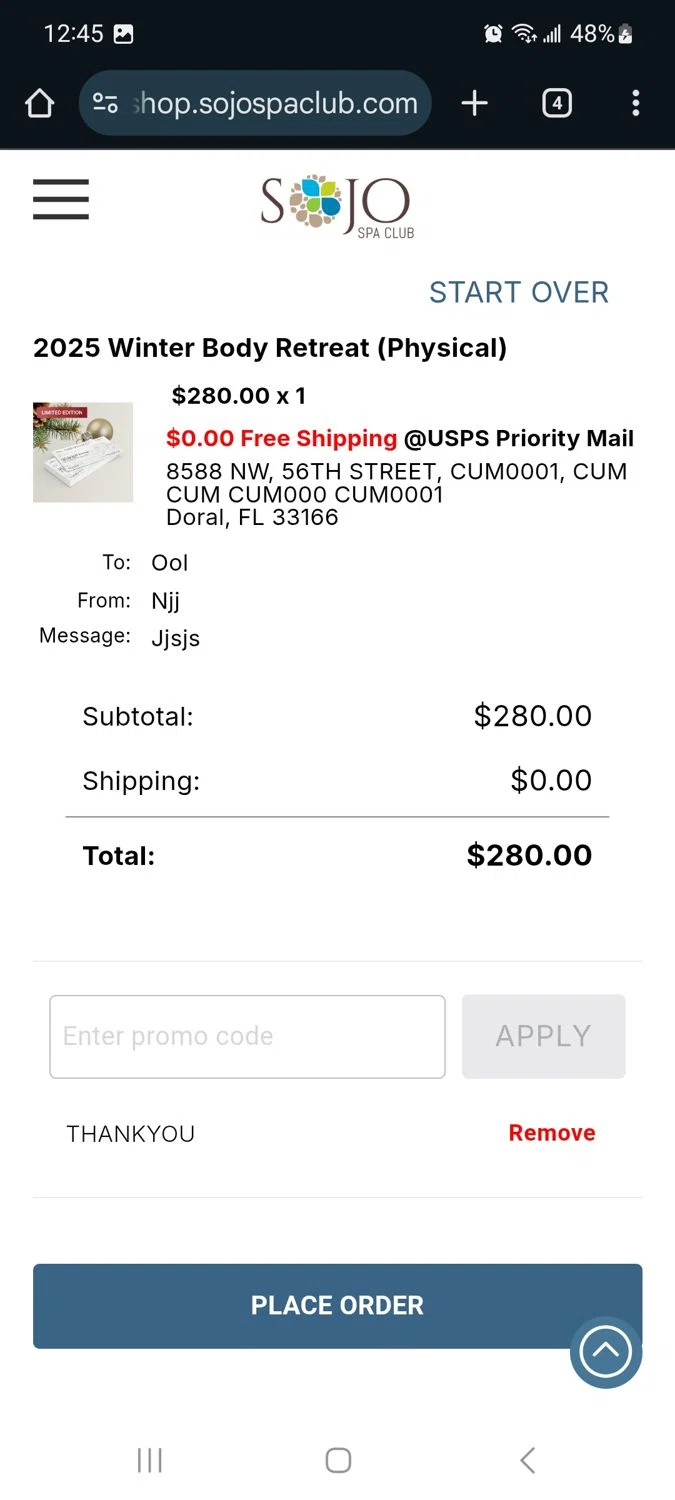 SoJo Spa Club discount code screenshot showing code THANKYOU applied at SoJo Spa Club checkout page. Uploaded by SimplyCodes community member Milaya on Dec 9, 2025