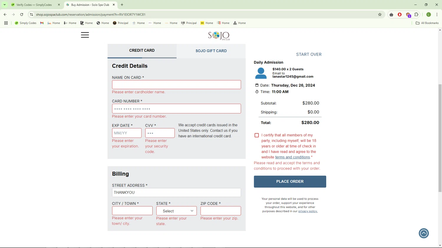 SoJo Spa Club checkout page showing SoJo Spa Club discount code box | Screenshot taken by SimplyCodes community member on Dec 22, 2024