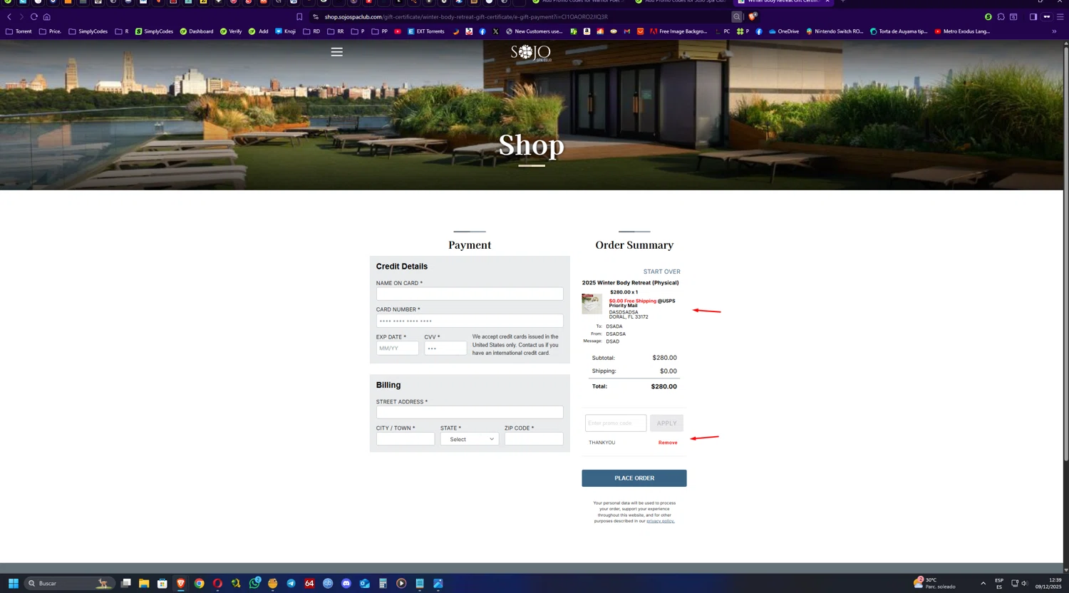 SoJo Spa Club discount code screenshot showing code THANKYOU applied at SoJo Spa Club checkout page. Uploaded by SimplyCodes community member UnkNownVnzla on Dec 9, 2025