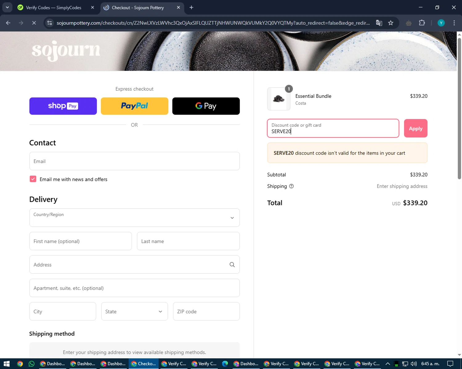 Sojourn Pottery promo code screenshot showing code SERVE20 applied at Sojourn Pottery checkout page. Uploaded by SimplyCodes community member RoyalEagle4794 on Mar 30, 2025
