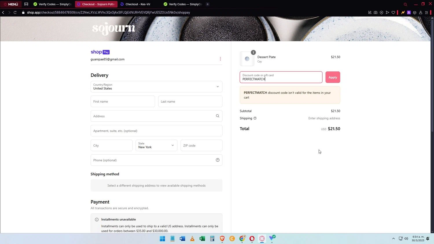 Sojourn Pottery promo code screenshot showing code PERFECTMATCH applied at Sojourn Pottery checkout page. Uploaded by SimplyCodes community member Elimix on Mar 30, 2025