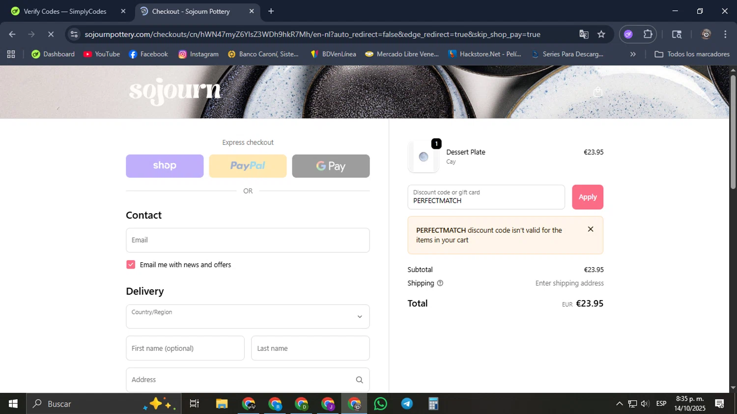 Sojourn Pottery promo code screenshot showing code PERFECTMATCH applied at Sojourn Pottery checkout page. Uploaded by SimplyCodes community member Mroctober06 on Oct 15, 2025