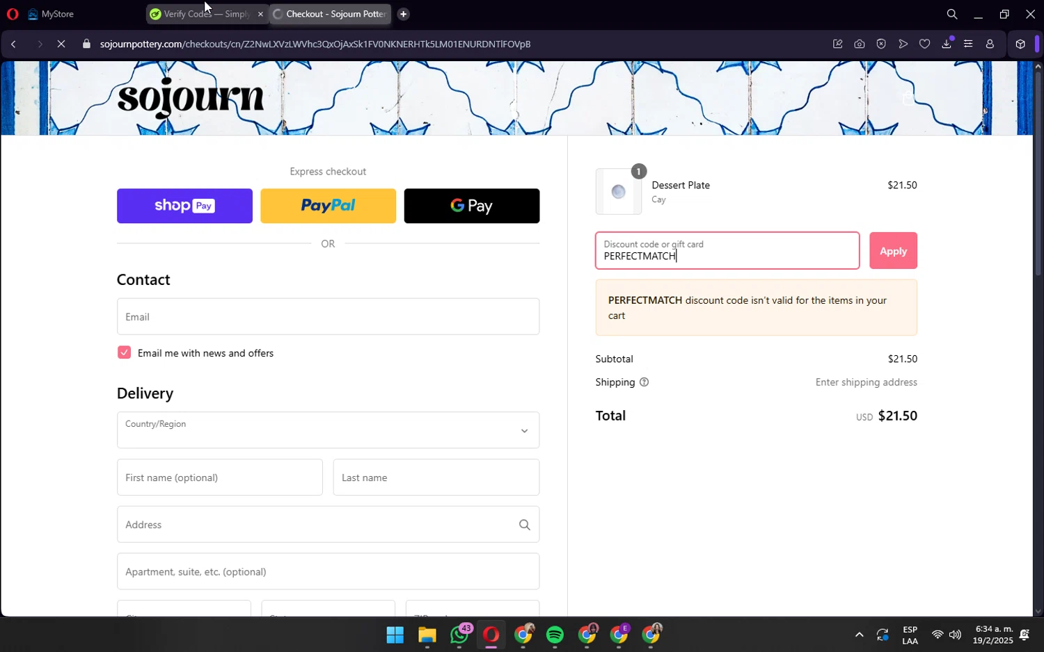 Sojourn Pottery promo code screenshot showing code PERFECTMATCH applied at Sojourn Pottery checkout page. Uploaded by SimplyCodes community member wednesday on Feb 19, 2025