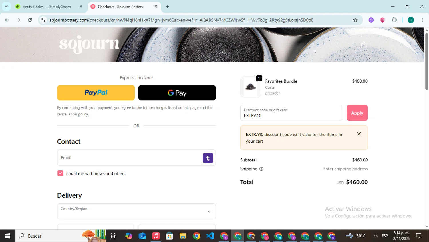 Sojourn Pottery promo code screenshot showing code EXTRA10 applied at Sojourn Pottery checkout page. Uploaded by SimplyCodes community member BonusPilot927 on Nov 2, 2025