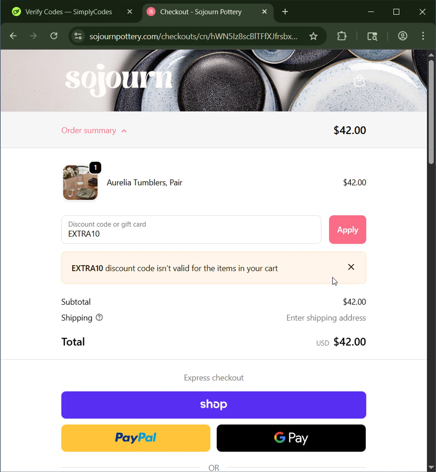 Sojourn Pottery promo code screenshot showing code EXTRA10 applied at Sojourn Pottery checkout page. Uploaded by SimplyCodes community member CashWizard4502 on Nov 15, 2025