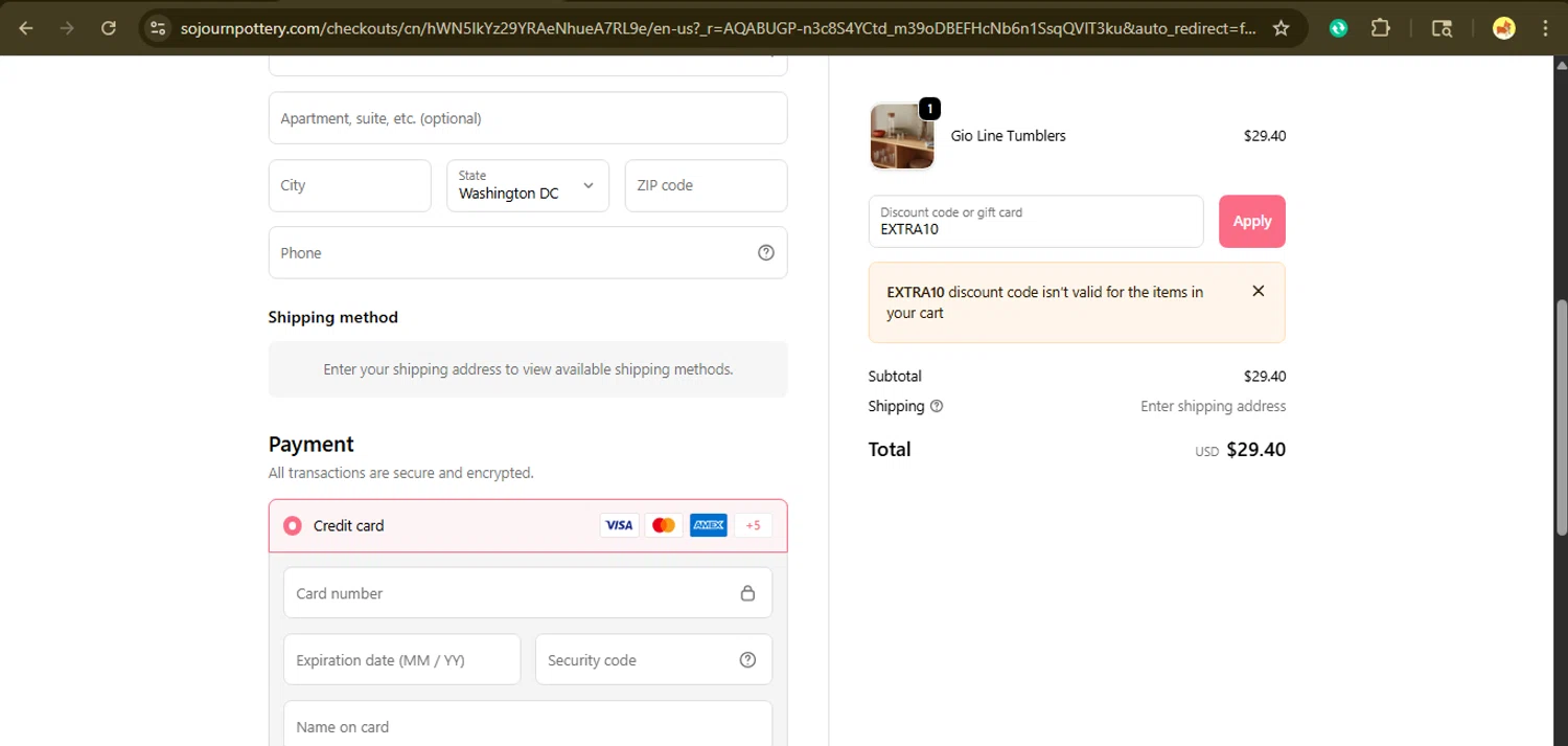 Sojourn Pottery promo code screenshot showing code EXTRA10 applied at Sojourn Pottery checkout page. Uploaded by SimplyCodes community member giselmarstephanny on Nov 15, 2025
