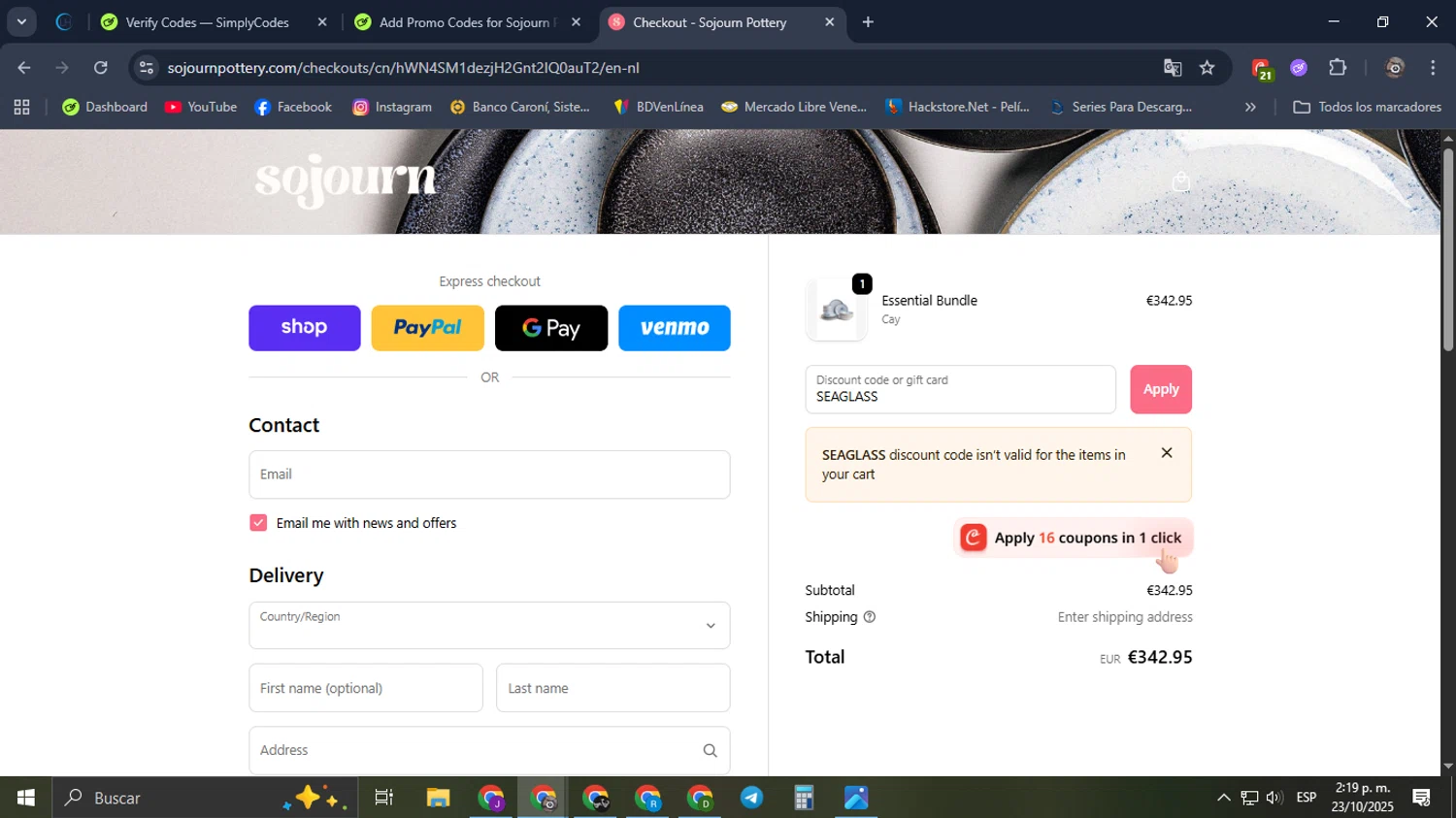 Sojourn Pottery promo code screenshot showing code SEAGLASS applied at Sojourn Pottery checkout page. Uploaded by SimplyCodes community member Mroctober06 on Oct 23, 2025