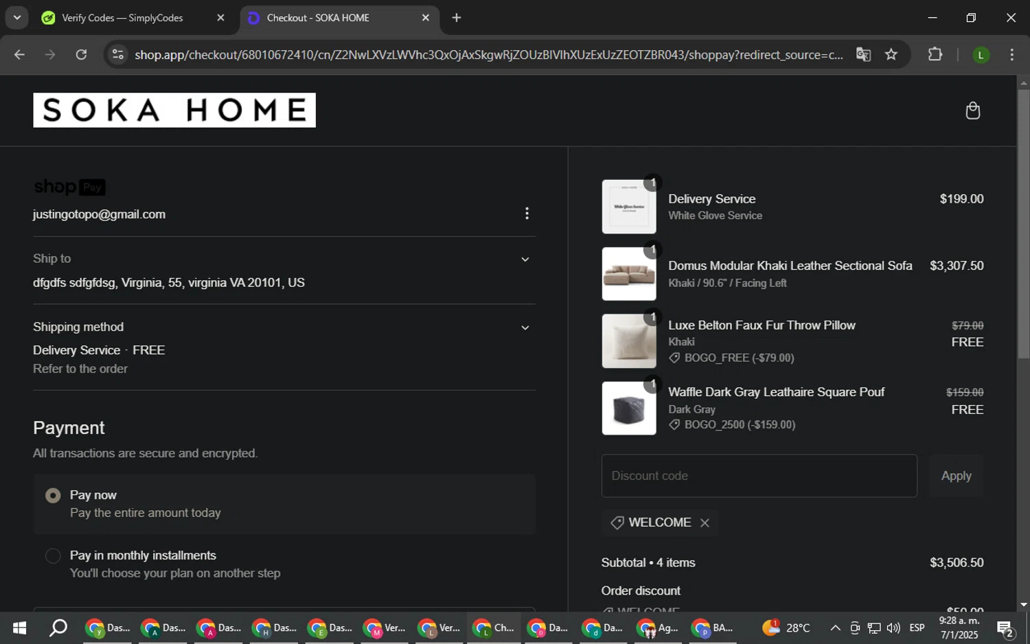 Soka Home discount code screenshot showing code WELCOME applied at Soka Home checkout page. Uploaded by SimplyCodes community member DUCATI on Jan 7, 2025