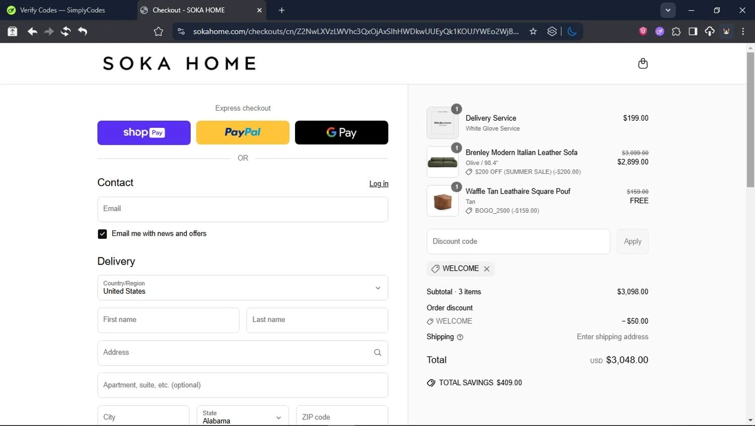 Soka Home discount code screenshot showing code WELCOME applied at Soka Home checkout page. Uploaded by SimplyCodes community member User_Randon1 on Jun 12, 2025