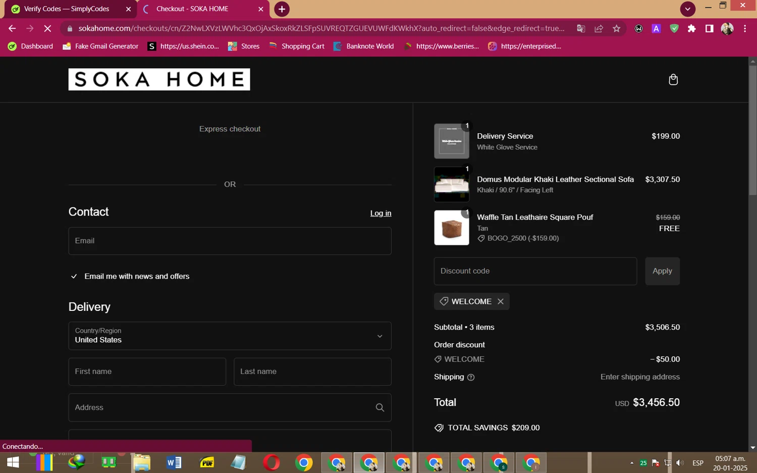 Soka Home discount code screenshot showing code WELCOME applied at Soka Home checkout page. Uploaded by SimplyCodes community member RewardFalcon3197 on Jan 20, 2025