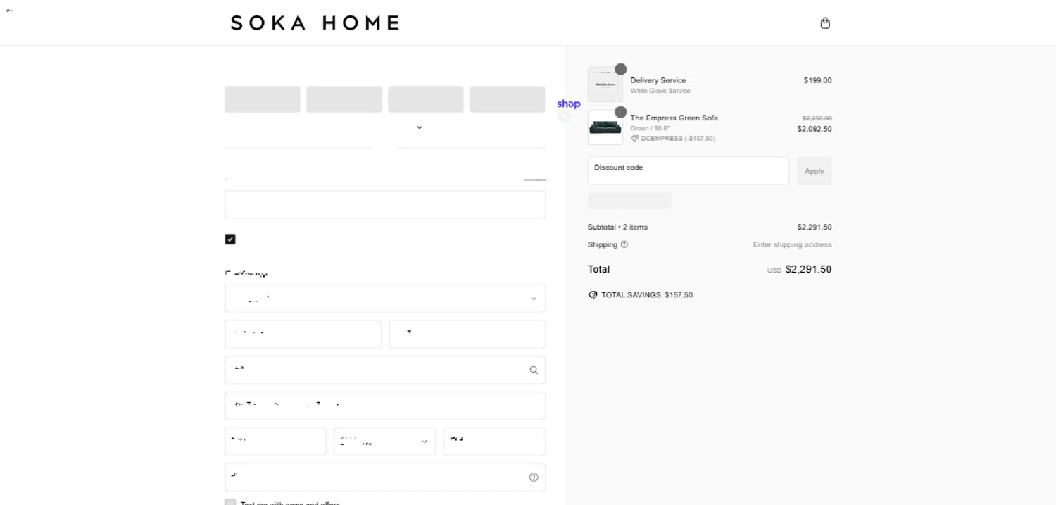 Soka Home discount code screenshot showing code DCEMPRESS applied at Soka Home checkout page. Uploaded by SimplyCodes community member PennyRanger8219 on Jan 29, 2025