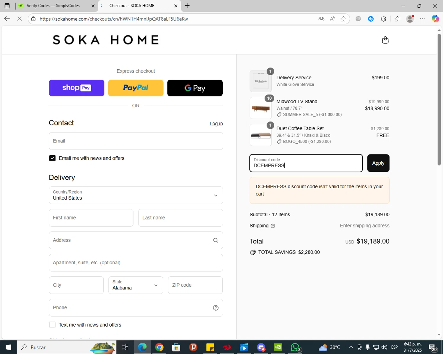 Soka Home discount code screenshot showing code DCEMPRESS applied at Soka Home checkout page. Uploaded by SimplyCodes community member jhoanDepp on Jul 31, 2025