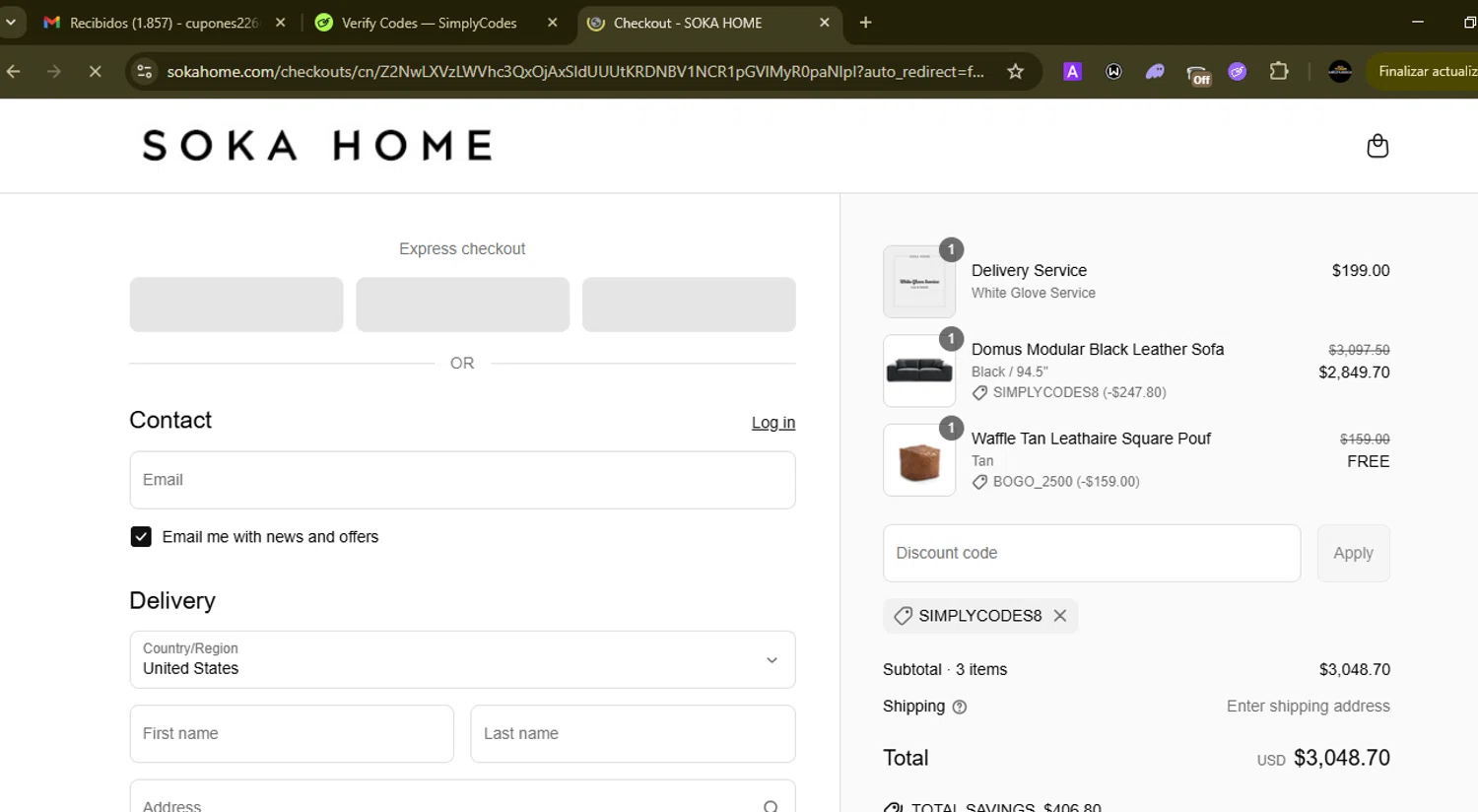 Soka Home discount code screenshot showing code SIMPLYCODES8 applied at Soka Home checkout page. Uploaded by SimplyCodes community member SilverMonarch6357 on Jun 3, 2025
