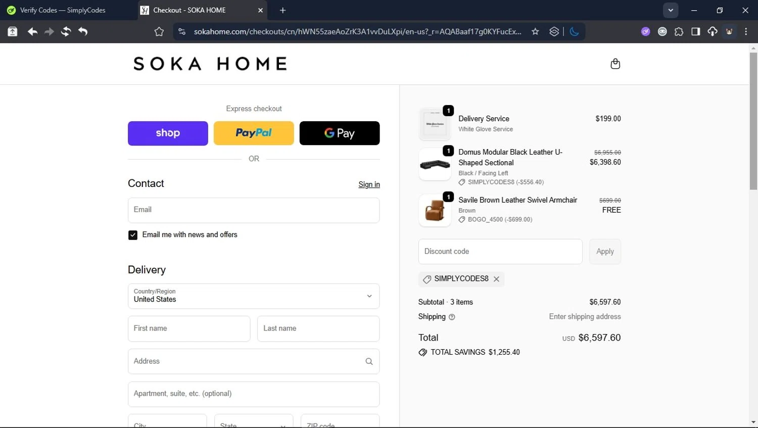 Soka Home discount code screenshot showing code SIMPLYCODES8 applied at Soka Home checkout page. Uploaded by SimplyCodes community member User_Randon1 on Nov 9, 2025