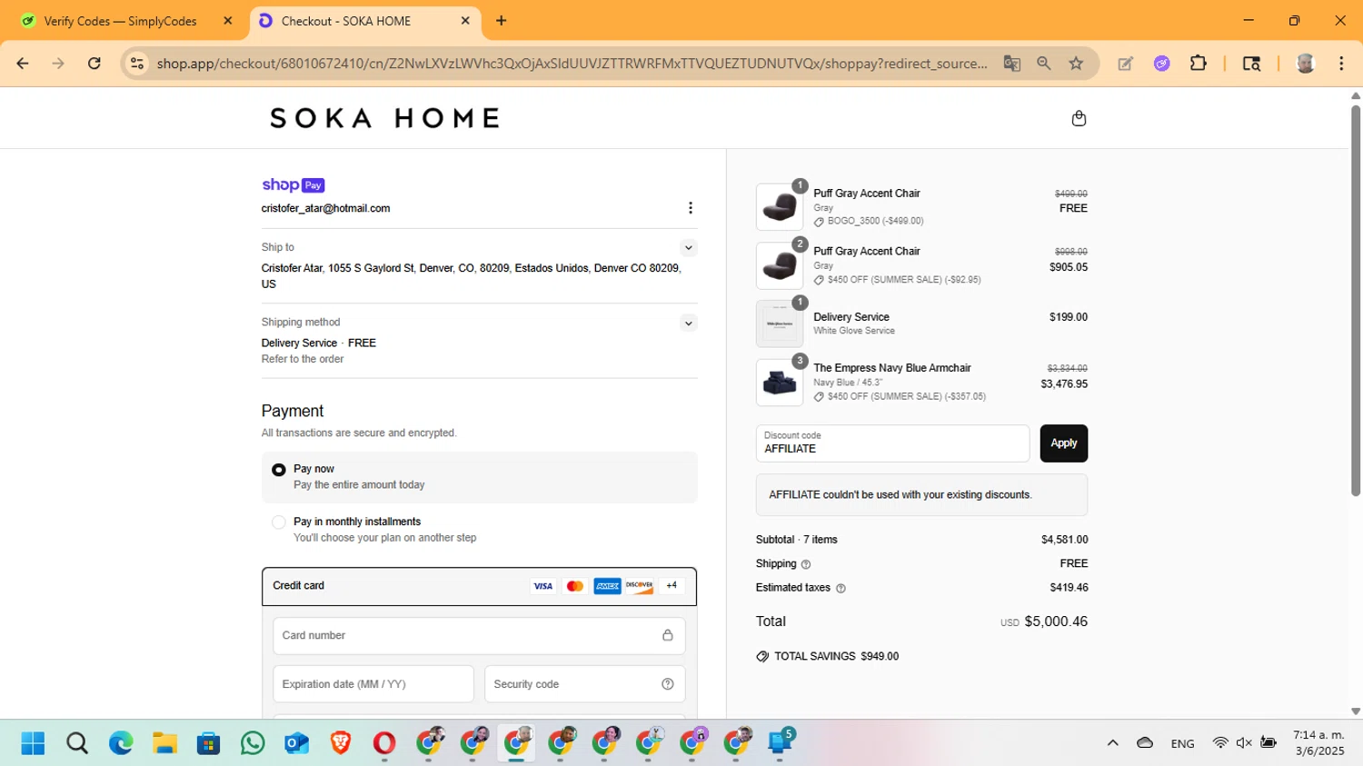 Soka Home discount code screenshot showing code AFFILIATE applied at Soka Home checkout page. Uploaded by SimplyCodes community member ManuelF on Jun 3, 2025