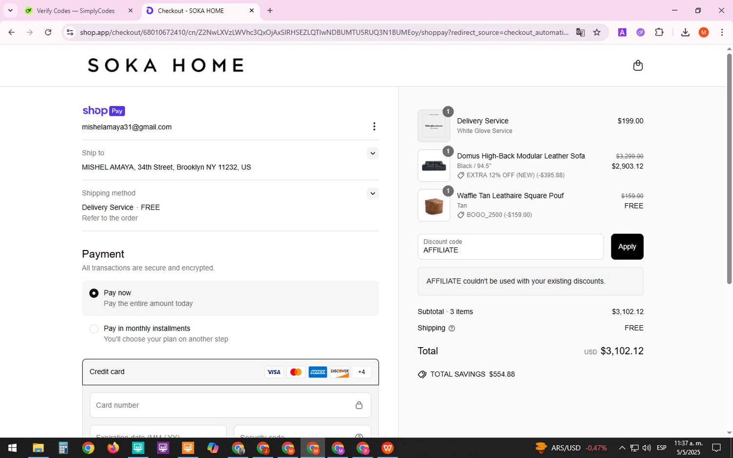 Soka Home discount code screenshot showing code AFFILIATE applied at Soka Home checkout page. Uploaded by SimplyCodes community member Mark13 on May 5, 2025