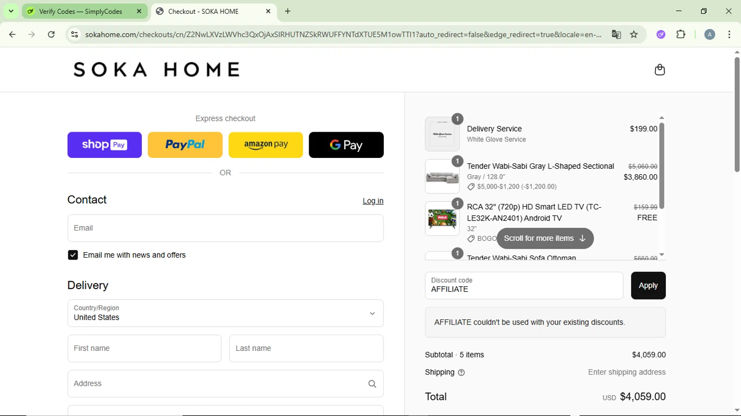 Soka Home discount code screenshot showing code AFFILIATE applied at Soka Home checkout page. Uploaded by SimplyCodes community member DiscountVirtuoso6243 on May 5, 2025