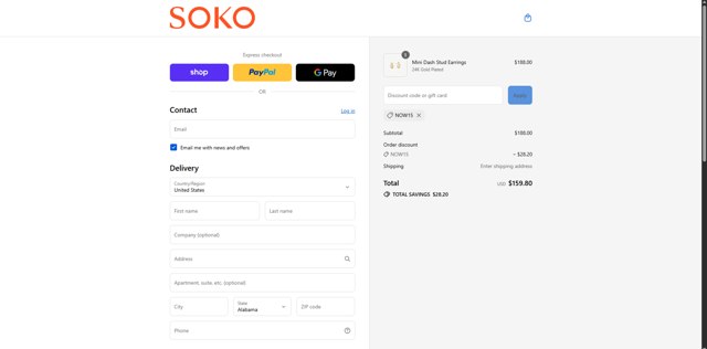 Soko checkout page showing Soko promo code box | Screenshot taken by SimplyCodes community member on Sep 4, 2025