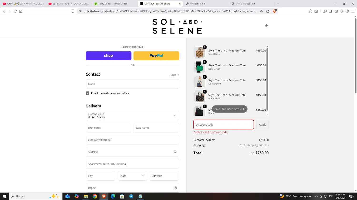Sol and Selene discount code screenshot showing code VIP10 applied at Sol and Selene checkout page. Uploaded by SimplyCodes community member Carloscoder_900457733 on Dec 9, 2025