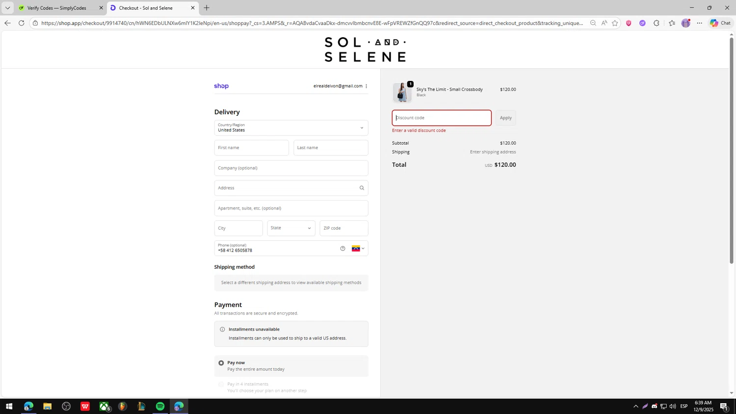 Sol and Selene discount code screenshot showing code VIP10 applied at Sol and Selene checkout page. Uploaded by SimplyCodes community member fghfgefds2 on Dec 9, 2025