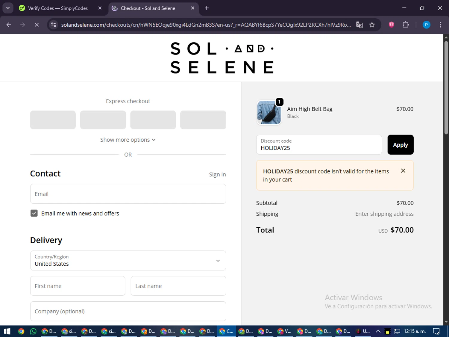 Sol and Selene discount code screenshot showing code HOLIDAY25 applied at Sol and Selene checkout page. Uploaded by SimplyCodes community member juiceWRLD on Nov 13, 2025