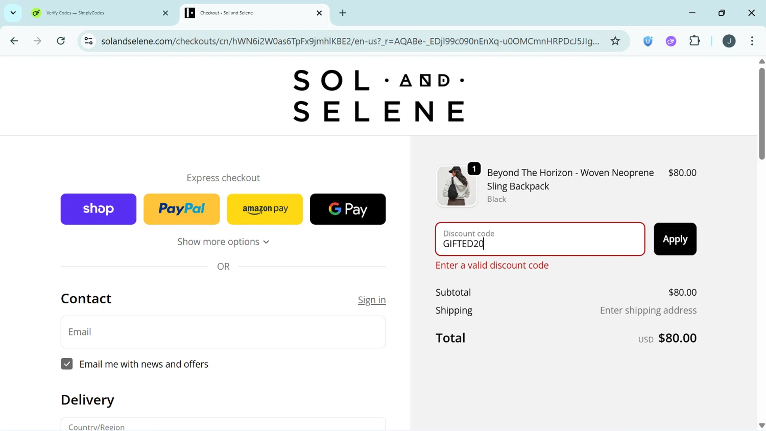 Sol and Selene discount code screenshot showing code GIFTED20 applied at Sol and Selene checkout page. Uploaded by SimplyCodes community member APOLOMONEY on Dec 22, 2025