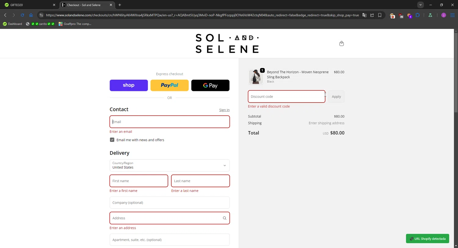 Sol and Selene discount code screenshot showing code GIFTED20 applied at Sol and Selene checkout page. Uploaded by SimplyCodes community member WonderMaverick6123 on Dec 22, 2025