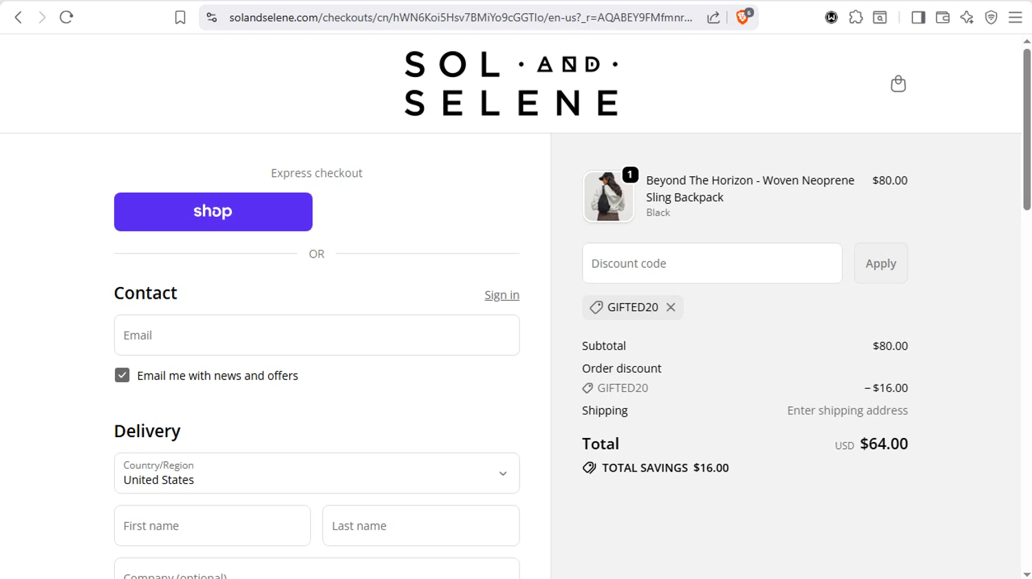 Sol and Selene discount code screenshot showing code GIFTED20 applied at Sol and Selene checkout page. Uploaded by SimplyCodes community member dayselis15 on Dec 12, 2025