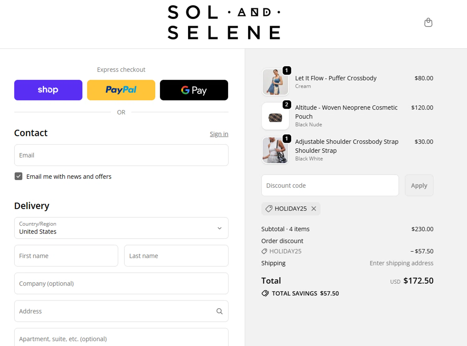 Sol and Selene discount code screenshot showing code HOLIDAY25 applied at Sol and Selene checkout page. Uploaded by SimplyCodes community member valeriaantonieta on Nov 13, 2025