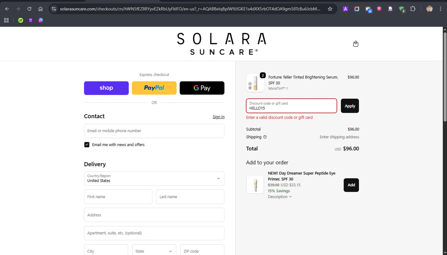 Solara Suncare discount code screenshot showing code HELLO15 applied at Solara Suncare checkout page. Uploaded by SimplyCodes community member ROCKSORD_2 on Nov 24, 2025