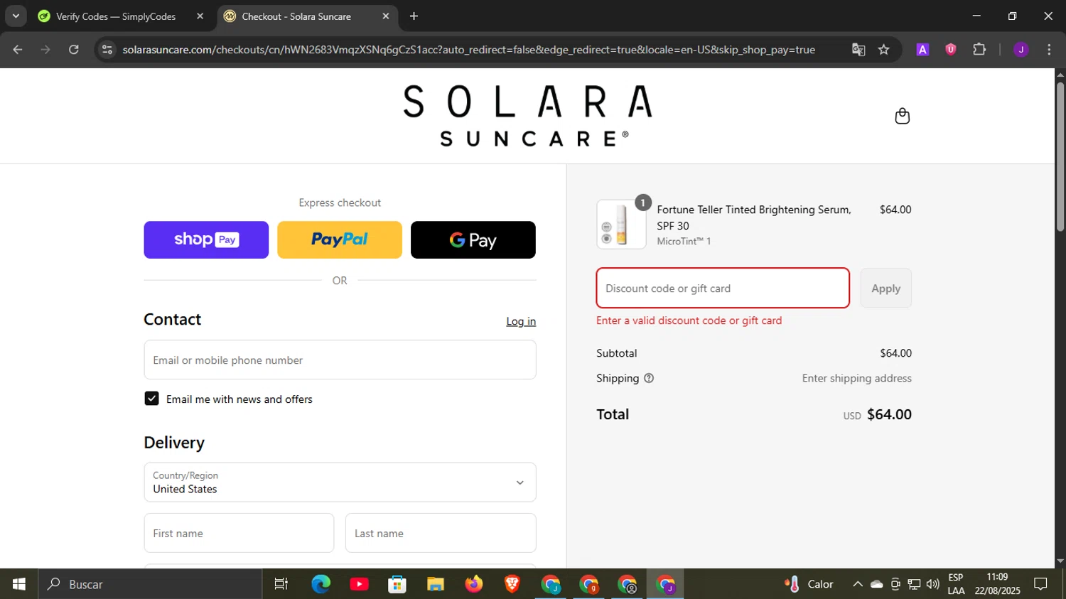 Solara Suncare discount code screenshot showing code SOLARAVIP applied at Solara Suncare checkout page. Uploaded by SimplyCodes community member DiscountLegend6670 on Aug 22, 2025